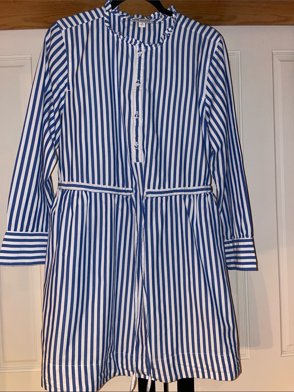 Blue and White Striped Mini Dress with Ruffle Collar